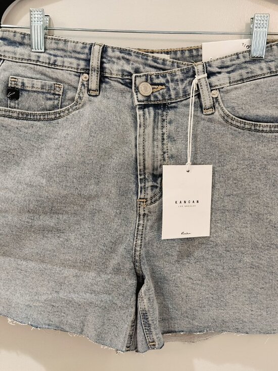 KanCan Pants - Kancan High Rise Denim Shorts 7/27 Light Wash Acid Wash Cutoff Raw Hem Stretch *